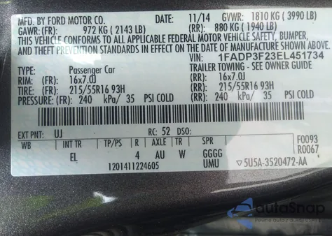 2014 Ford Focus Se from USA, damaged, VIN 1FADP3F23EL451734